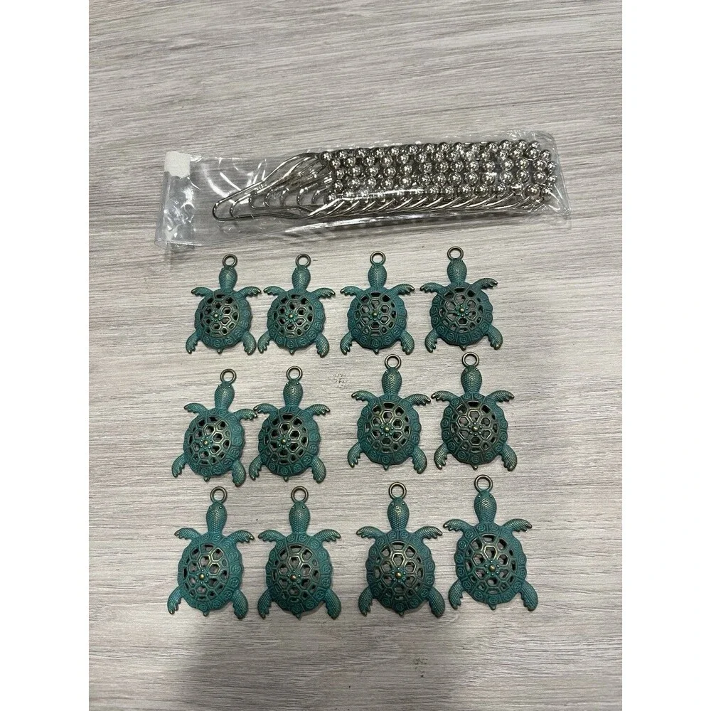 12 Nautical Green Sea Turtles Beach Theme Shower Curtain Hooks, 14 Shower Hooks